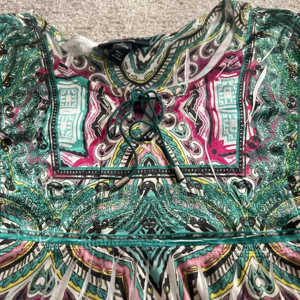 Y2K Billowy Sleeve Embroidered Lace-Up Abstract Rhinestone Green & Pink Top - Picture 5 of 8